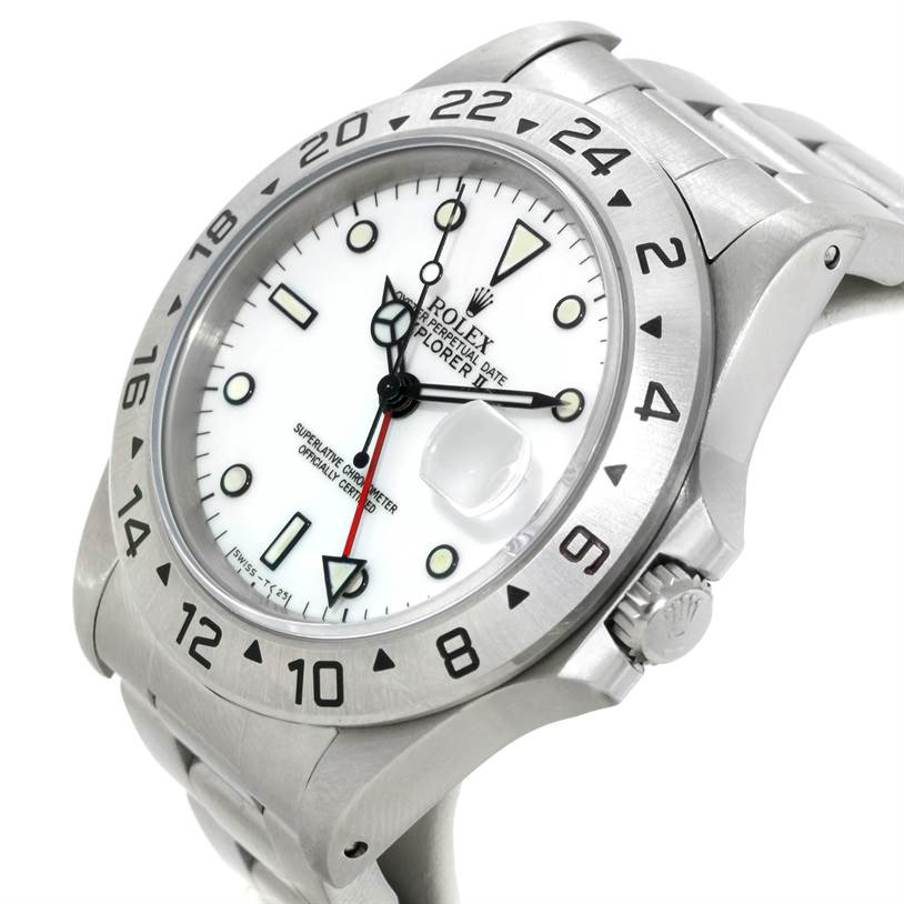 The image shows a three-quarter view of the Rolex Explorer 16570 Men's Stainless Steel White Dial 16570 Men's Stainless Steel White Dial watch, highlighting its dial, bezel, crown, and part of the bracelet.