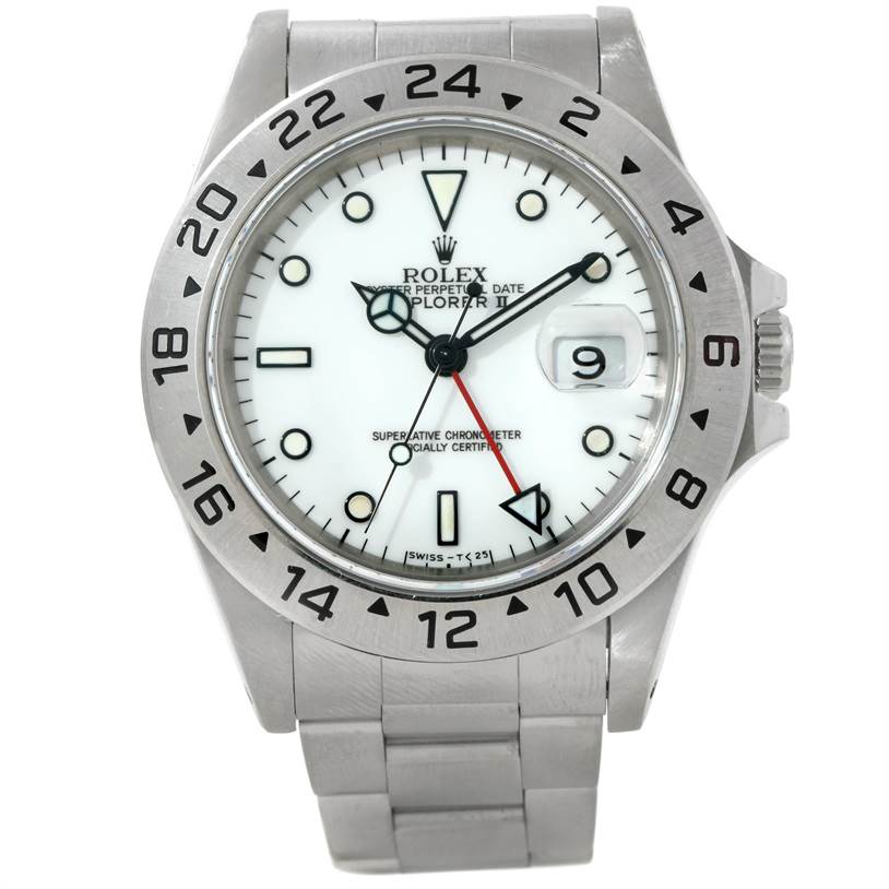 The image shows a front view of a Rolex Explorer 16570 Men's Stainless Steel White Dial 16570 Men's Stainless Steel White Dial watch, displaying the dial, bezel, and bracelet.