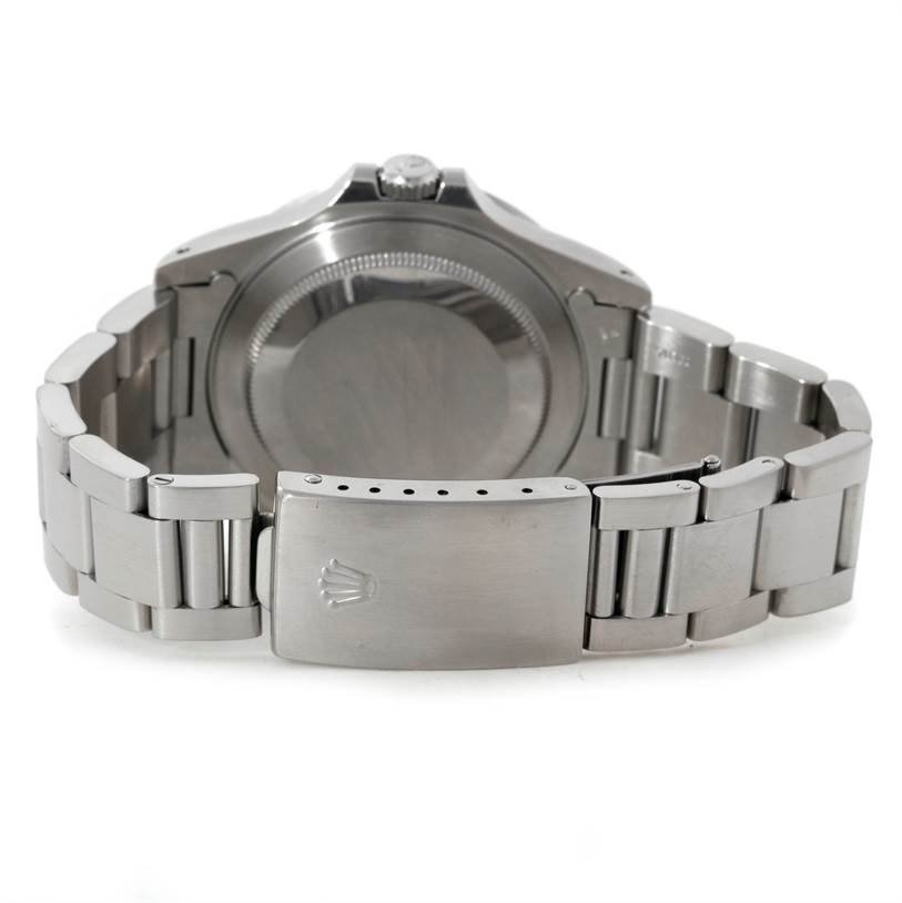 This image shows the back and bracelet of the Rolex Explorer 16570 Men's Stainless Steel White Dial 16570 Men's Stainless Steel White Dial watch, focusing on the clasp and case back.