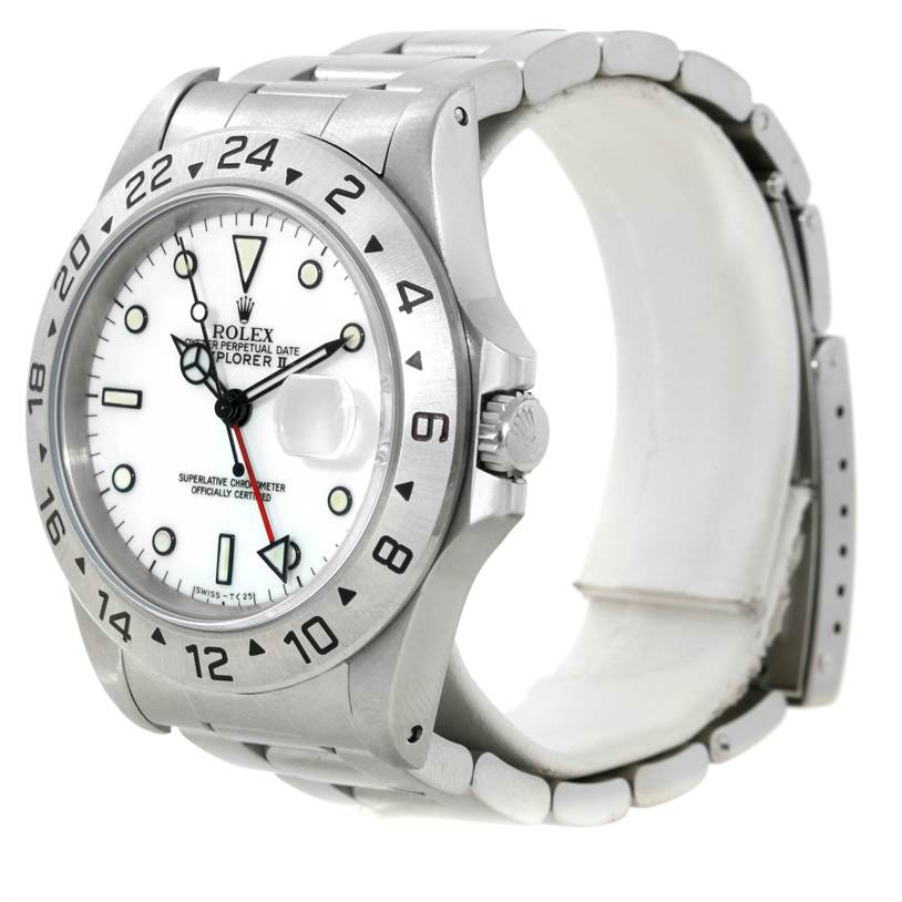 This image shows the Rolex Explorer 16570 Men's Stainless Steel White Dial 16570 Men's Stainless Steel White Dial watch from a side angle, highlighting the case, bezel, dial, and bracelet.