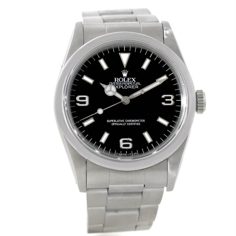 The image shows a front view of the Rolex Explorer 14270 Men's Stainless Steel Black Dial 14270 Men's Stainless Steel Black Dial watch, featuring the dial, bezel, crown, and bracelet.