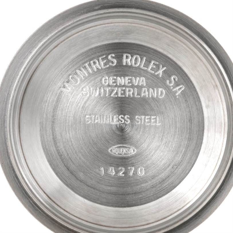 This image shows the case back of a Rolex Explorer 14270 Men's Stainless Steel Black Dial 14270 Men's Stainless Steel Black Dial watch, revealing the branding and model number 14270.