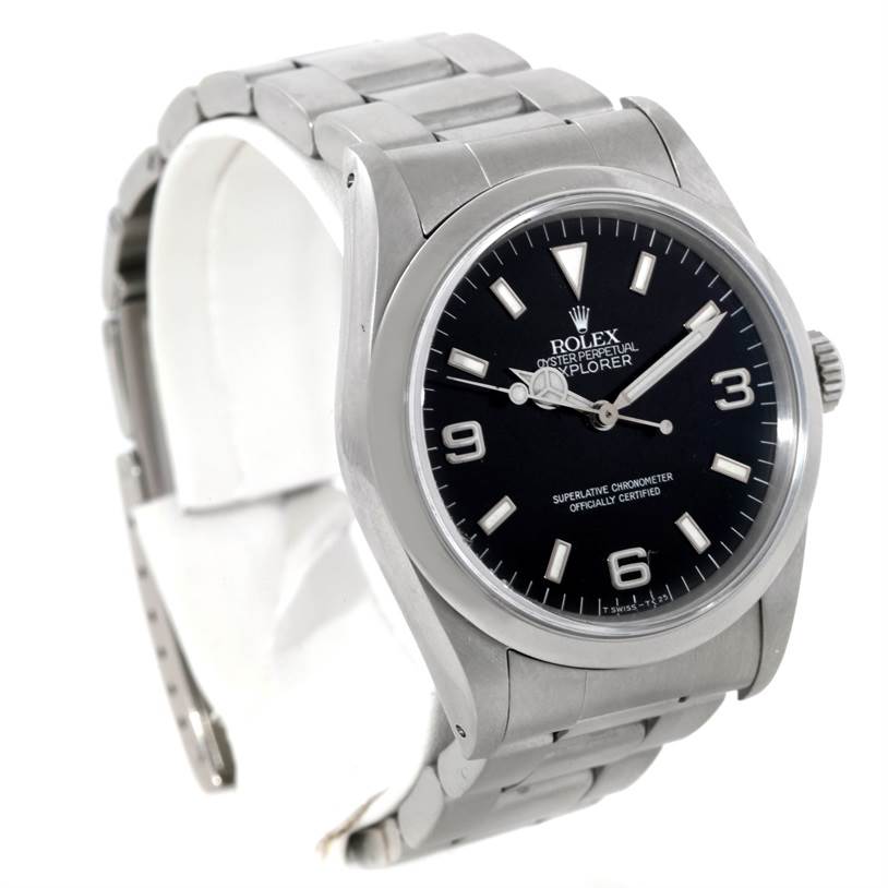 This Rolex Explorer 14270 Men's Stainless Steel Black Dial 14270 Men's Stainless Steel Black Dial watch is shown at a slight angle, highlighting the black dial, silver markers, bezel, and stainless steel bracelet.