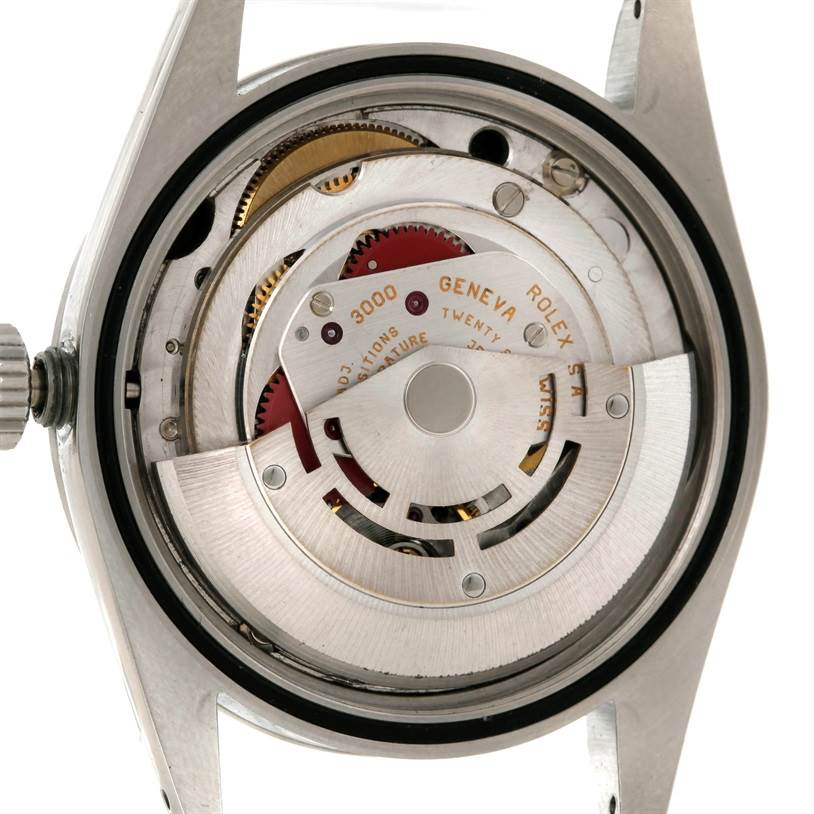 The image shows the internal mechanism and movement of a Rolex Explorer 14270 Men's Stainless Steel Black Dial 14270 Men's Stainless Steel Black Dial model watch from the back side.