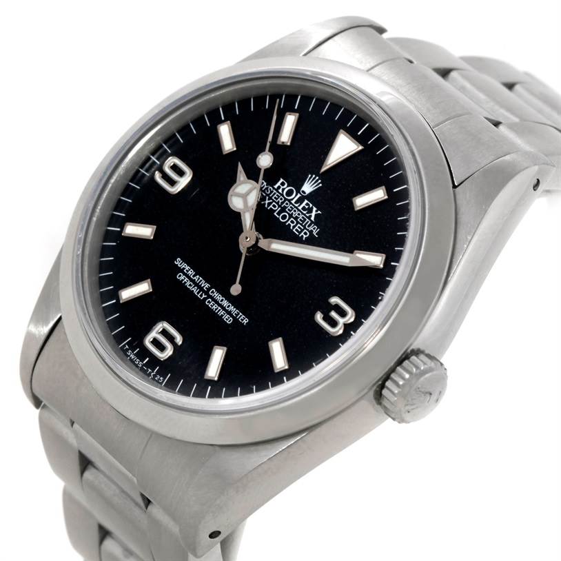 The image shows a close-up, angled view of the Rolex Explorer 14270 Men's Stainless Steel Black Dial 14270 Men's Stainless Steel Black Dial watch, highlighting the face, bezel, and part of the bracelet.