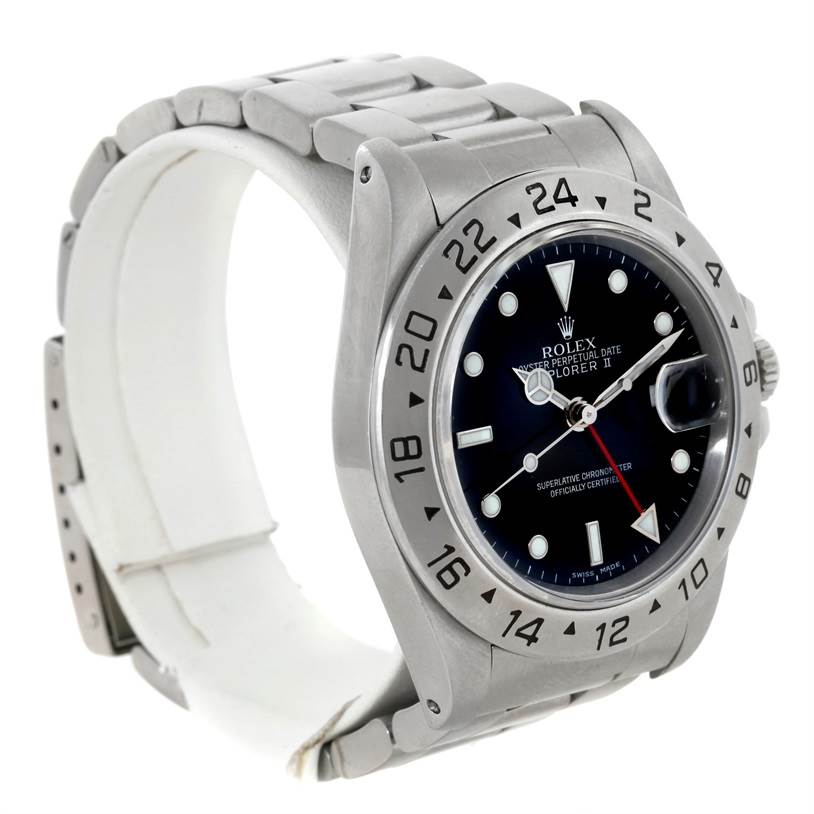 The Rolex Explorer 16570 Men's Stainless Steel Black Dial 16570 Men's Stainless Steel Black Dial watch is shown at an angle, displaying the face, bezel, and part of the bracelet.