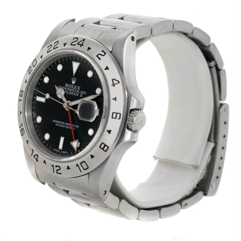 The image shows a side view of a Rolex Explorer 16570 Men's Stainless Steel Black Dial 16570 Men's Stainless Steel Black Dial watch, displaying its bezel, dial, and bracelet.