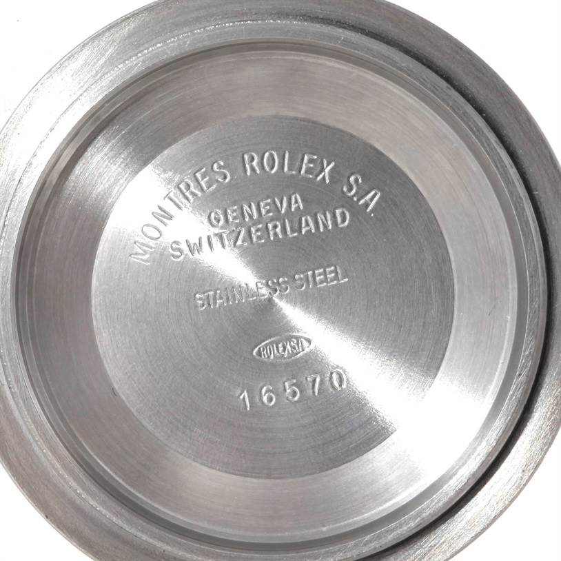 The image shows the case back of a Rolex Explorer 16570 Men's Stainless Steel Black Dial 16570 Men's Stainless Steel Black Dial watch model 16570.