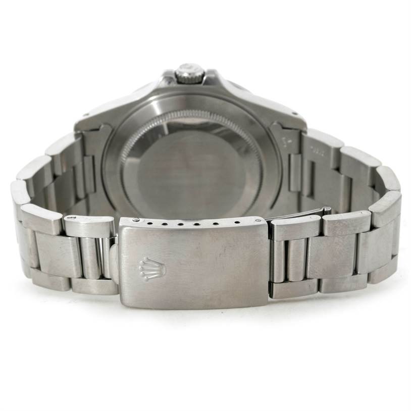 The image shows the back case and band clasp of a Rolex Explorer 16570 Men's Stainless Steel Black Dial 16570 Men's Stainless Steel Black Dial watch from a rear angle.