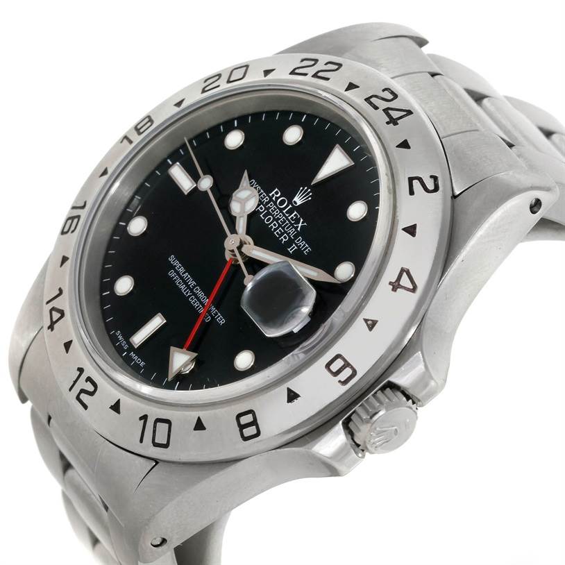 This image shows a close-up of the Rolex Explorer 16570 Men's Stainless Steel Black Dial 16570 Men's Stainless Steel Black Dial model watch, highlighting its bezel, dial, crown, and bracelet.