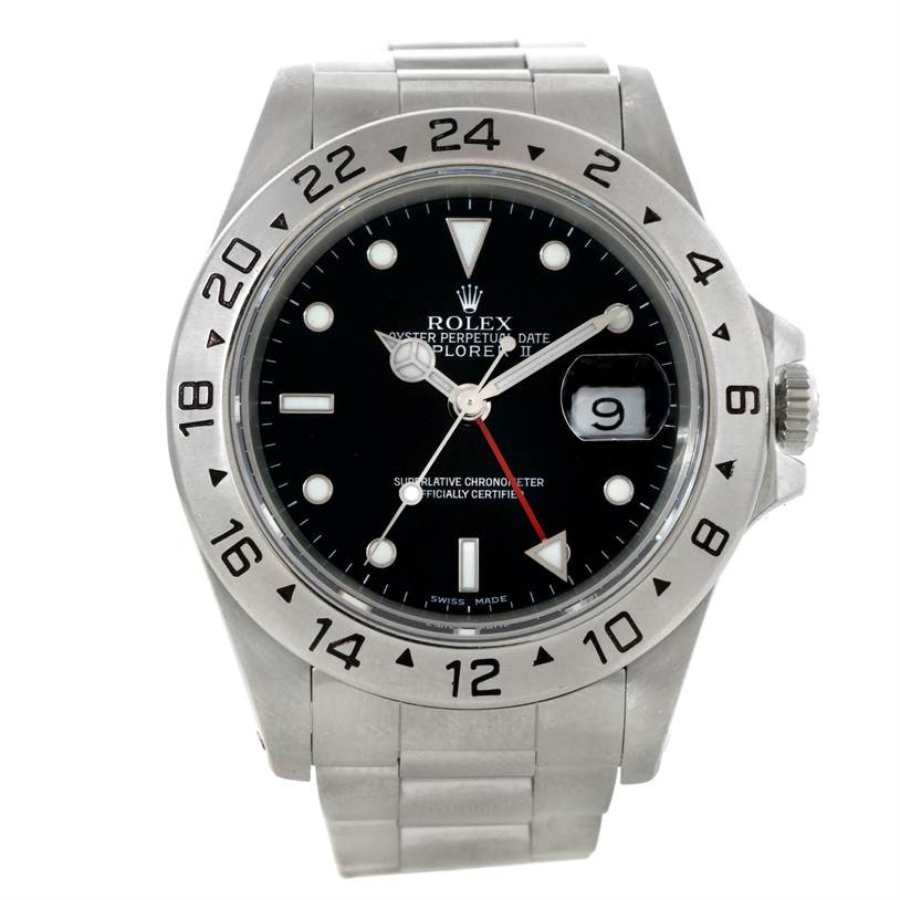 This image shows a front view of a Rolex Explorer 16570 Men's Stainless Steel Black Dial 16570 Men's Stainless Steel Black Dial watch, highlighting the dial, hands, date window, and bezel.