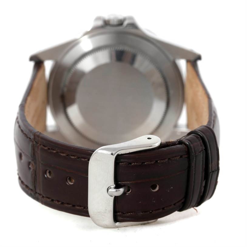 This image shows the back of a Rolex Explorer 16550 Men's Stainless Steel White Dial 16550 Men's Stainless Steel White Dial watch with its leather strap and buckle in focus.