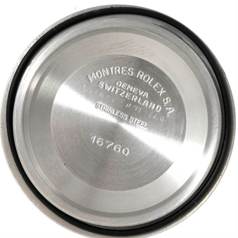 This image shows the inside of a Rolex Explorer 16550 Men's Stainless Steel White Dial 16550 Men's Stainless Steel White Dial model case back, engraved with the brand and specifications.