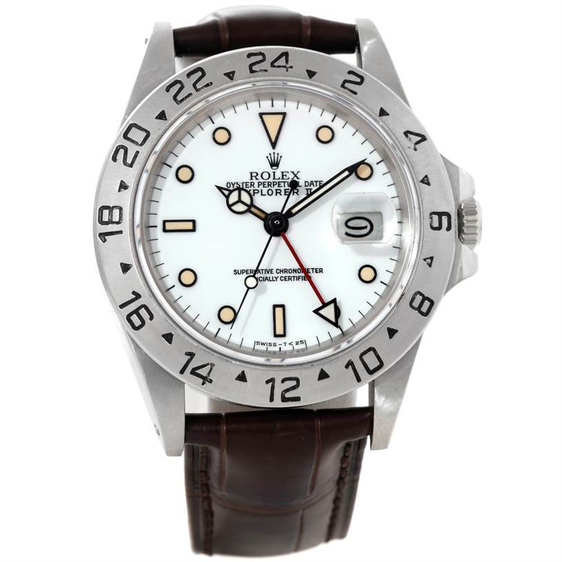 This image shows a front view of the Rolex Explorer 16550 Men's Stainless Steel White Dial 16550 Men's Stainless Steel White Dial watch featuring its dial, bezel, and leather strap.