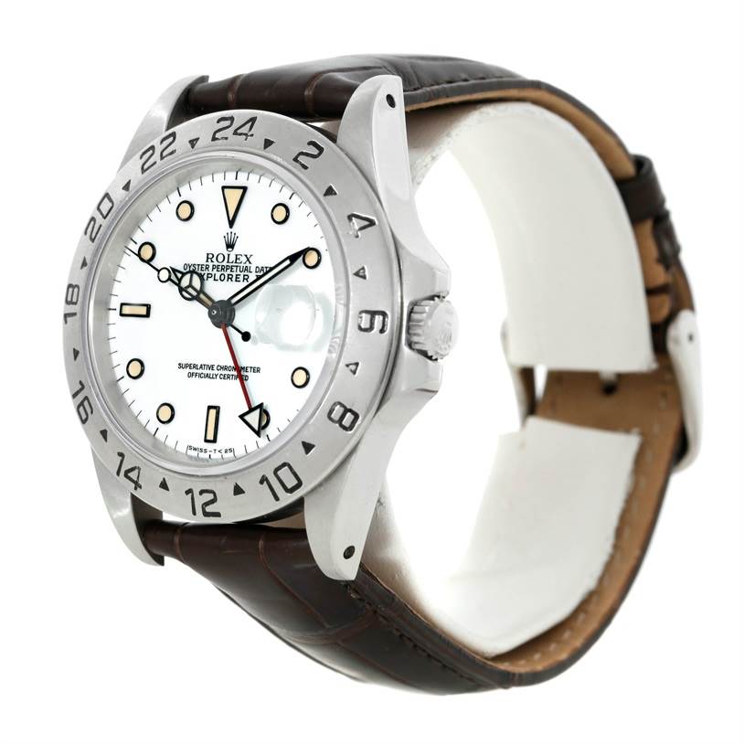 The image shows a Rolex Explorer 16550 Men's Stainless Steel White Dial 16550 Men's Stainless Steel White Dial watch at an angled front view, highlighting the dial, bezel, crown, and leather strap.