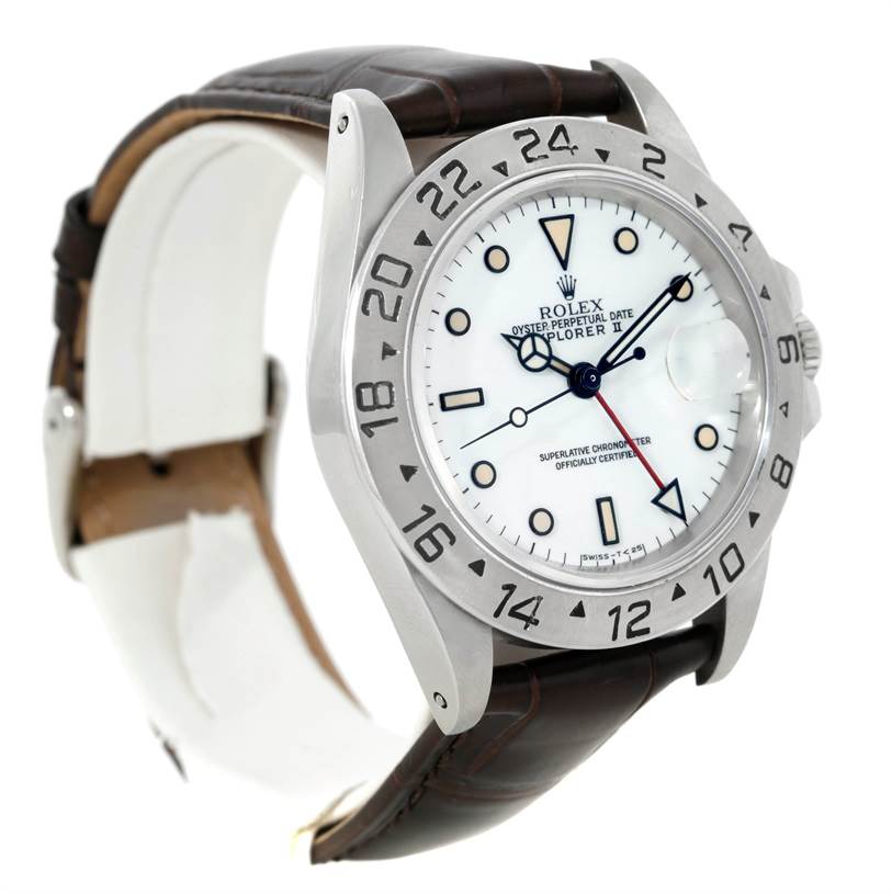 The image shows a side angle of a Rolex Explorer 16550 Men's Stainless Steel White Dial 16550 Men's Stainless Steel White Dial watch, highlighting the bezel, dial, and brown leather strap.