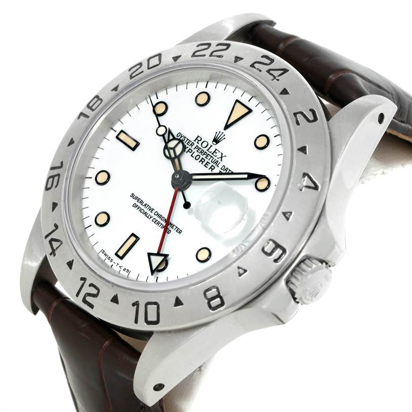 The Rolex Explorer 16550 Men's Stainless Steel White Dial 16550 Men's Stainless Steel White Dial watch is shown at an angled view displaying its bezel, crown, dial, and leather strap.