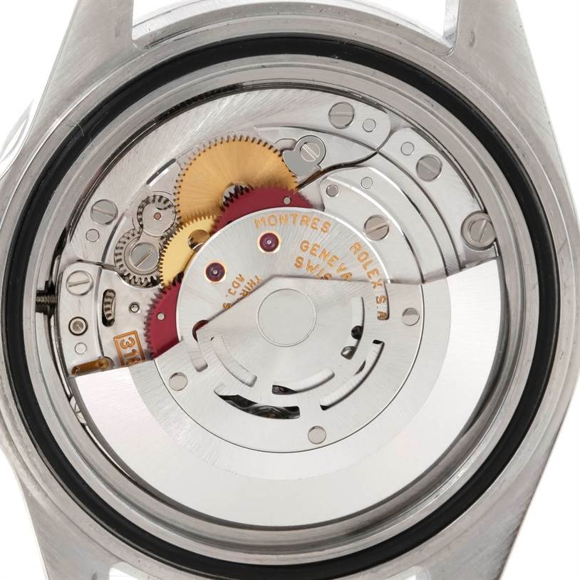 This image shows the internal mechanism of a Rolex Explorer 16570 Men's Stainless Steel White Dial 16570 Men's Stainless Steel White Dial watch, viewed from the back case with gears and the rotor visible.