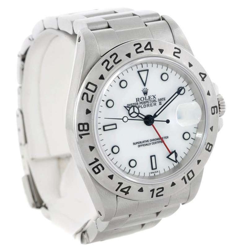 The image shows a front angled view of a Rolex Explorer 16570 Men's Stainless Steel White Dial 16570 Men's Stainless Steel White Dial watch, highlighting the case, bezel, and bracelet.