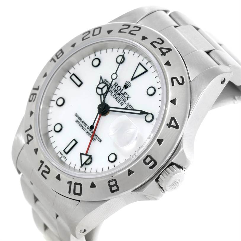 The image shows a Rolex Explorer 16570 Men's Stainless Steel White Dial 16570 Men's Stainless Steel White Dial watch at a three-quarter angle, highlighting the dial, bezel, crown, and bracelet.