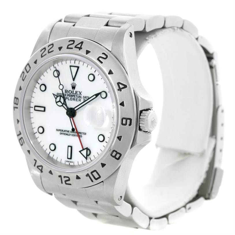 The image shows a Rolex Explorer 16570 Men's Stainless Steel White Dial 16570 Men's Stainless Steel White Dial watch at a three-quarter angle, highlighting its bezel, dial, crown, and bracelet.