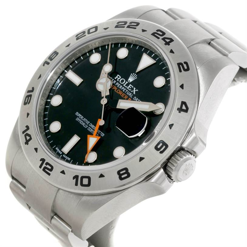 This image shows the Rolex Explorer 216570 Men's Stainless Steel Black Dial 216570 Men's Stainless Steel Black Dial watch at an angled close-up, highlighting its dial, bezel, case, and part of the bracelet.