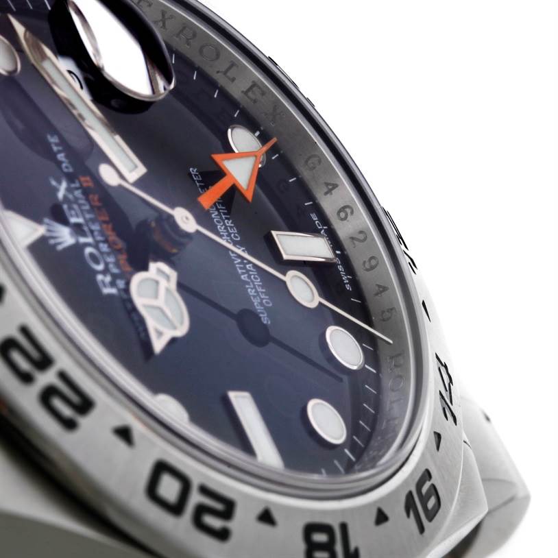 This image shows a close-up, angled view of the dial and bezel of a Rolex Explorer 216570 Men's Stainless Steel Black Dial 216570 Men's Stainless Steel Black Dial watch, highlighting the markers and hands.