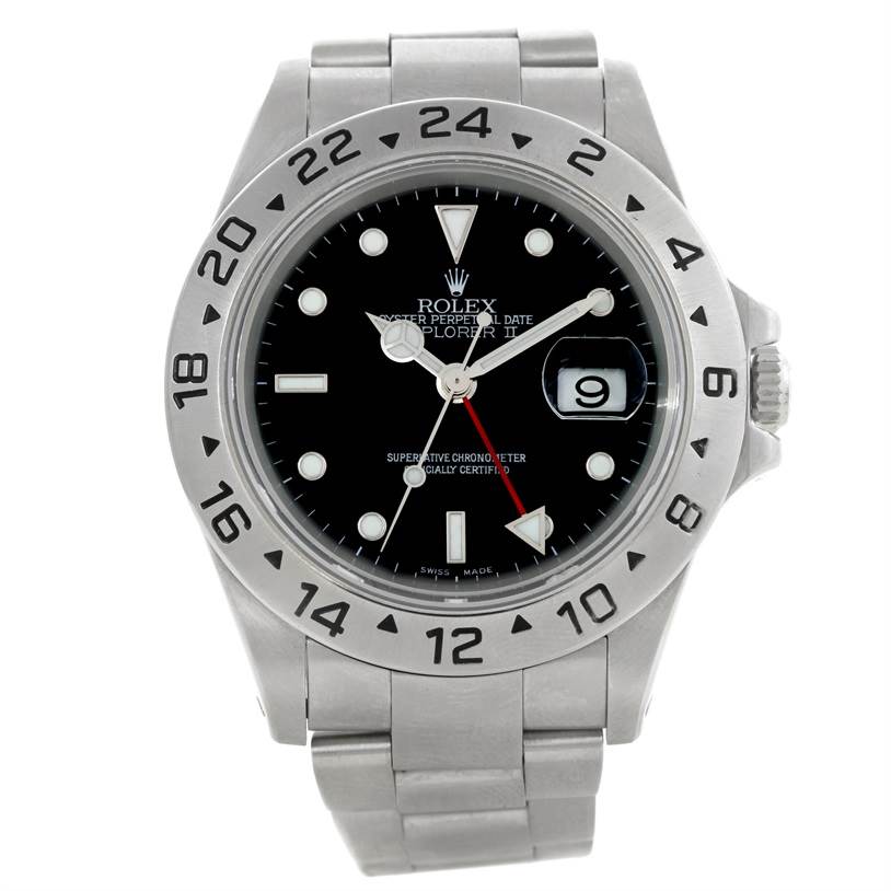 The Rolex Explorer 16570 Men's Stainless Steel Black Dial 16570 Men's Stainless Steel Black Dial watch is shown from a front angle, displaying the face, bezel, and bracelet.