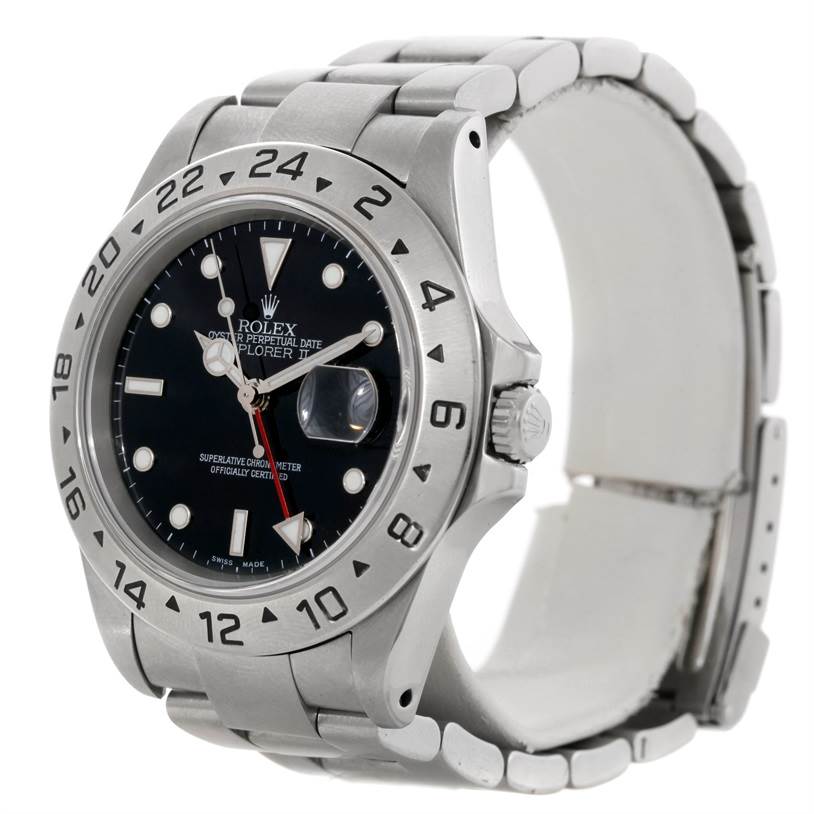 This image features a Rolex Explorer 16570 Men's Stainless Steel Black Dial 16570 Men's Stainless Steel Black Dial watch, showing the full face and a portion of the metal bracelet, angled from the top-left side.