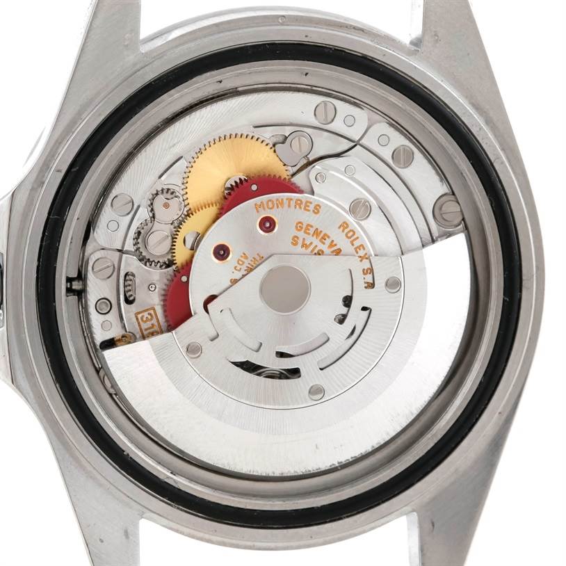 This image shows the internal mechanism of a Rolex Explorer 16570 Men's Stainless Steel White Dial 16570 Men's Stainless Steel White Dial watch viewed from the back.