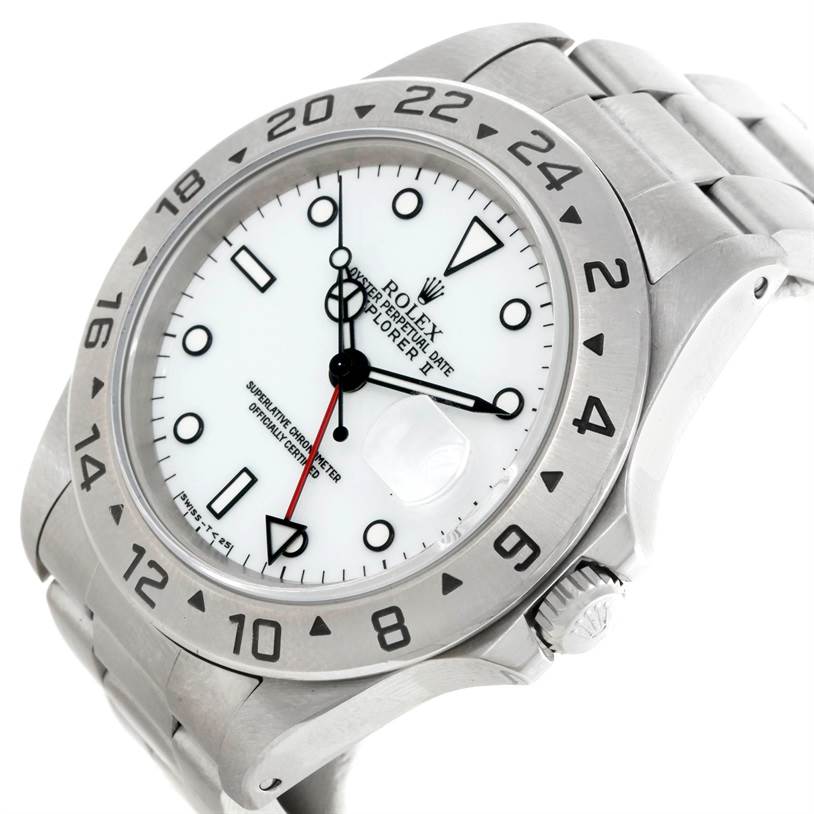 The Rolex Explorer 16570 Men's Stainless Steel White Dial 16570 Men's Stainless Steel White Dial watch is shown at an angled view, highlighting its face, bezel, crown, and part of the bracelet.