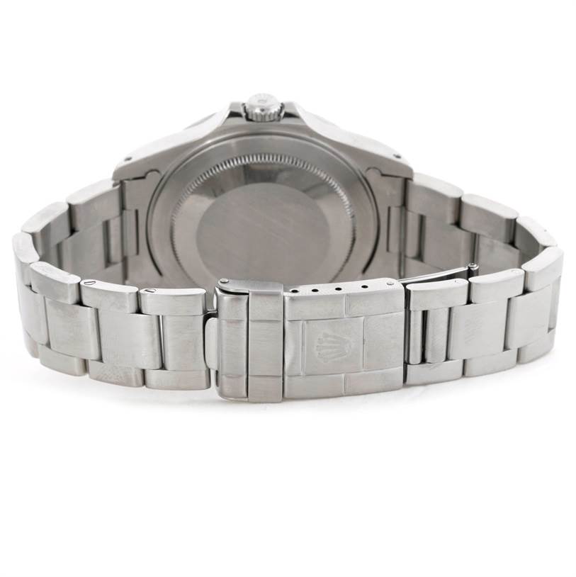 The image shows the back case and bracelet of a Rolex Explorer 16570 Men's Stainless Steel White Dial 16570 Men's Stainless Steel White Dial watch, viewed from a rear angle.
