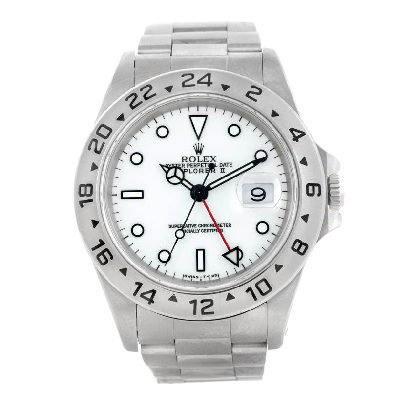 This image shows a Rolex Explorer 16570 Men's Stainless Steel White Dial 16570 Men's Stainless Steel White Dial watch from a front angle, displaying the dial, bezel, bracelet, and crown.
