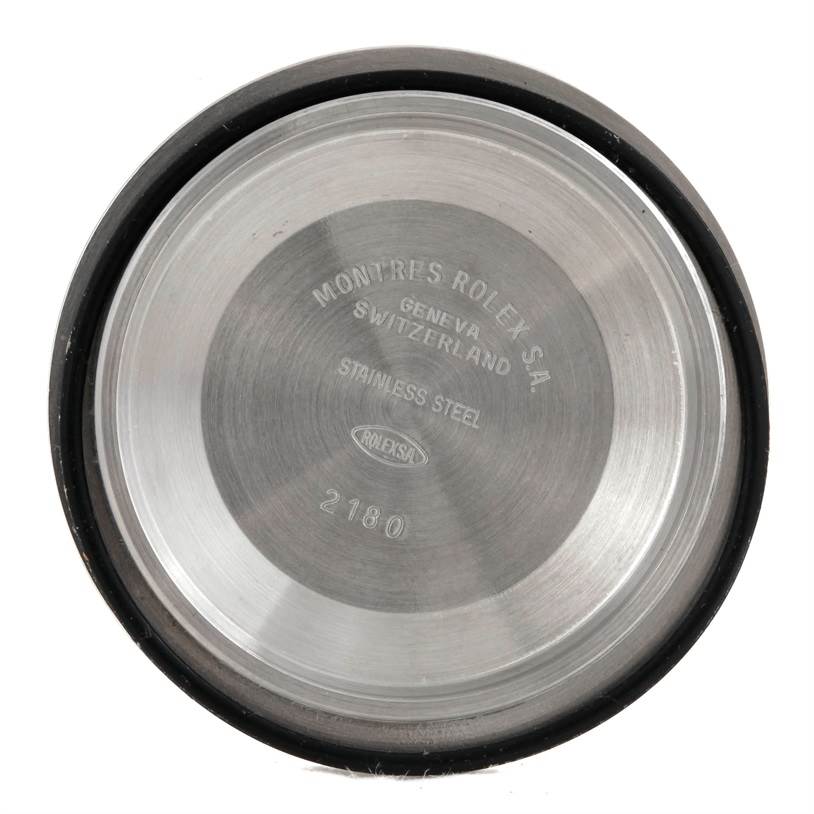 This is a close-up shot of the stainless steel case back for a Rolex Explorer 16570 Men's Stainless Steel White Dial 16570 Men's Stainless Steel White Dial model.