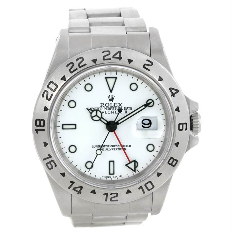 This image shows a full frontal view of the Rolex Explorer 16570 Men's Stainless Steel White Dial 16570 Men's Stainless Steel White Dial watch, displaying its face, bezel, and part of the bracelet.