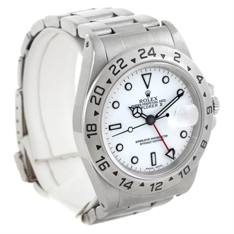 This image shows a Rolex Explorer 16570 Men's Stainless Steel White Dial 16570 Men's Stainless Steel White Dial watch angled from the front-left, highlighting the face, bezel, and part of the bracelet.