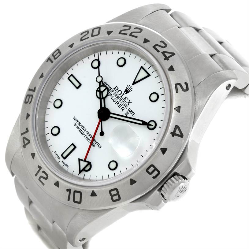 The image shows a close-up view of a Rolex Explorer 16570 Men's Stainless Steel White Dial 16570 Men's Stainless Steel White Dial watch, highlighting its bezel, crown, dial, and bracelet.