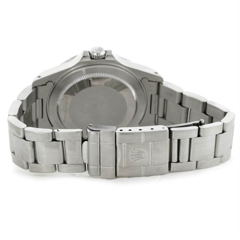 The image shows the back view of a Rolex Explorer 16570 Men's Stainless Steel White Dial 16570 Men's Stainless Steel White Dial watch, highlighting the case back and clasp of the metal bracelet.