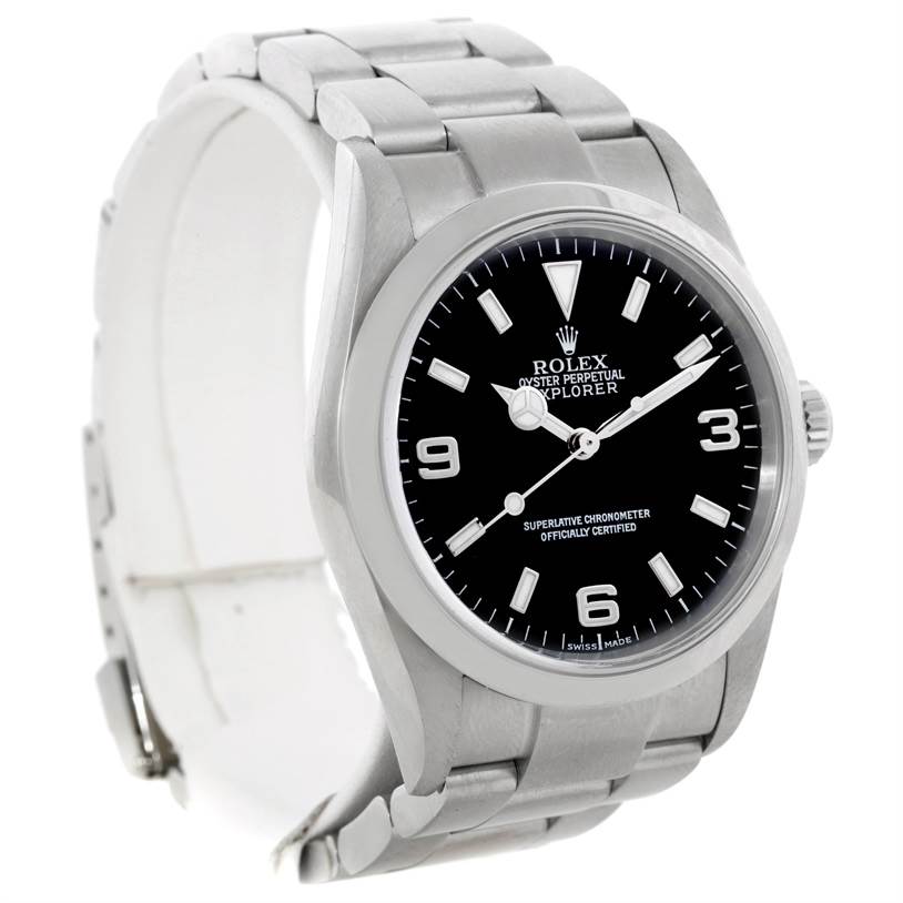 The Rolex Explorer 114270 Men's Stainless Steel Black Dial 114270 Men's Stainless Steel Black Dial model watch is shown at a three-quarter angle, highlighting the face, bezel, and part of the bracelet.
