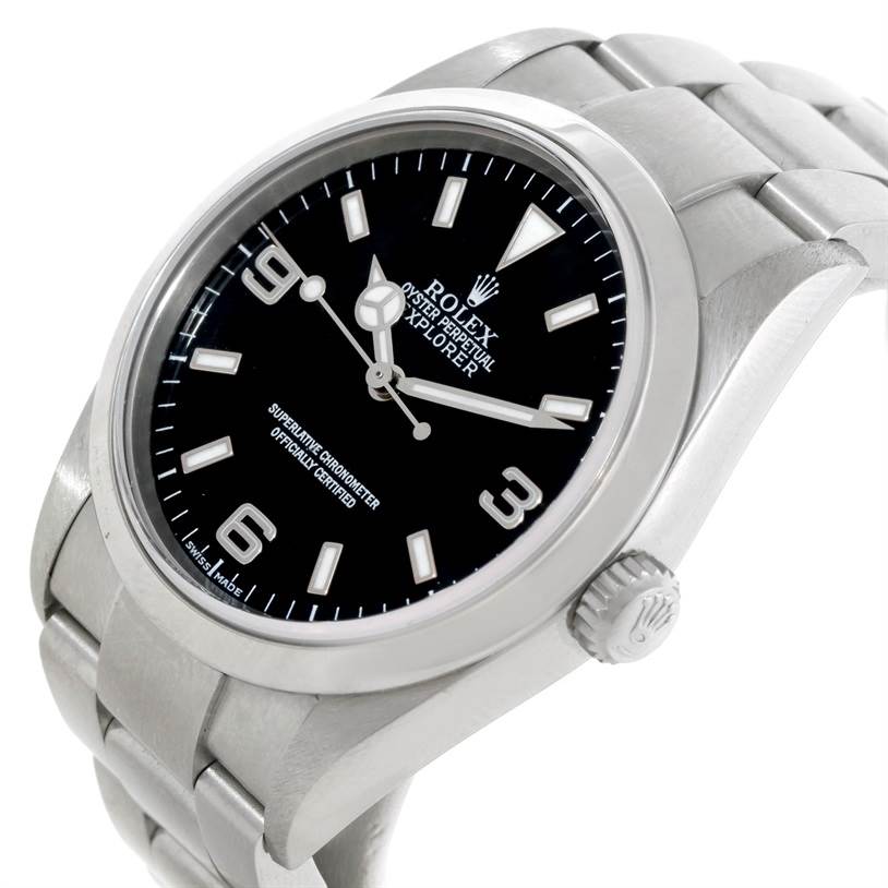 The image shows a Rolex Explorer 114270 Men's Stainless Steel Black Dial 114270 Men's Stainless Steel Black Dial from a three-quarter angle, highlighting the black dial, crown, and stainless steel bracelet.