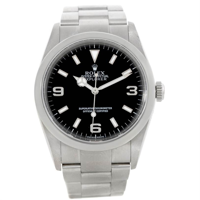 The image shows a front view of the Rolex Explorer 114270 Men's Stainless Steel Black Dial 114270 Men's Stainless Steel Black Dial watch, displaying the dial, hands, crown, and bracelet.