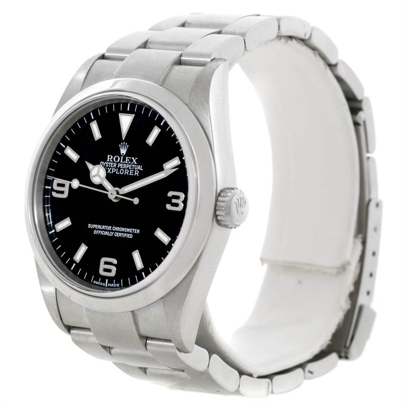 The Rolex Explorer 114270 Men's Stainless Steel Black Dial 114270 Men's Stainless Steel Black Dial watch is shown at an angled side view, highlighting the dial, bezel, crown, and stainless steel bracelet.