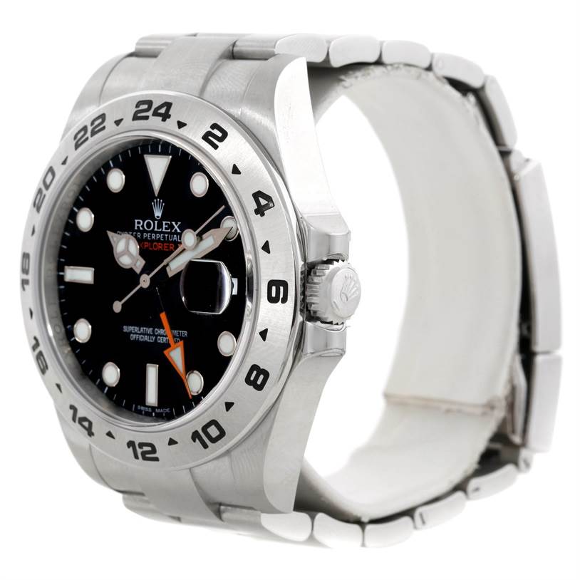 The image shows the front and side angle of a Rolex Explorer 216570 Men
s Stainless Steel Black Dial 216570 Men
s Stainless Steel Black Dial watch, highlighting its bezel, dial, crown, and bracelet.