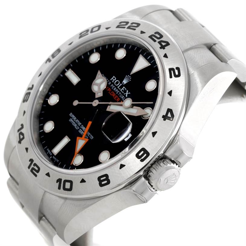 The image shows a close-up of the Rolex Explorer 216570 Men
s Stainless Steel Black Dial 216570 Men
s Stainless Steel Black Dial watch at an oblique angle, highlighting the bezel, dial, hands, and crown.