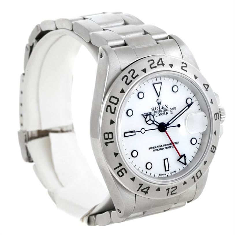 This image shows a Rolex Explorer 16570 Men's Stainless Steel White Dial 16570 Men's Stainless Steel White Dial watch at a slight angle, highlighting the face, bezel, crown, and bracelet.