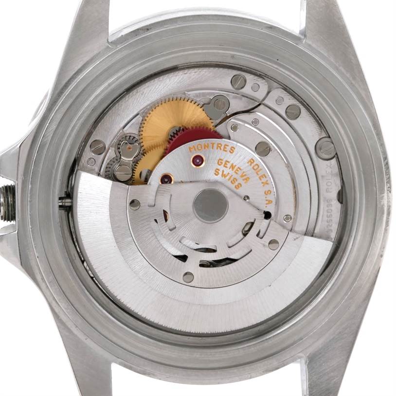 This image shows the internal mechanism and movement of a Rolex Explorer 16570 Men's Stainless Steel White Dial 16570 Men's Stainless Steel White Dial watch from the back cover angle.