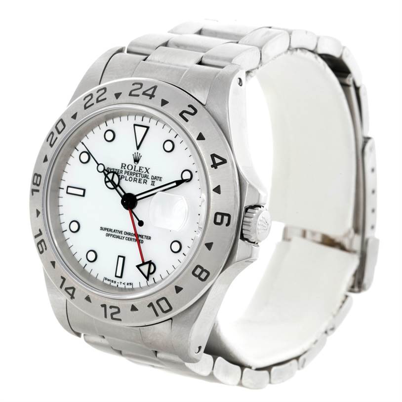 The image shows a front and slightly angled view of the Rolex Explorer 16570 Men's Stainless Steel White Dial 16570 Men's Stainless Steel White Dial II, highlighting its face and bracelet.