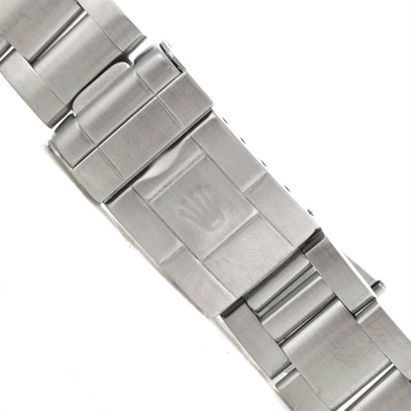 The image shows the stainless steel bracelet and clasp of a Rolex Explorer 16570 Men's Stainless Steel White Dial 16570 Men's Stainless Steel White Dial watch, featuring the brand's iconic crown logo.