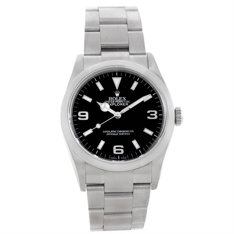 The image shows a front view of a Rolex Explorer 114270 Men's Stainless Steel Black Dial 114270 Men's Stainless Steel Black Dial watch, displaying its face, bezel, crown, and bracelet.