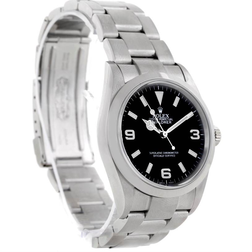 This image shows a Rolex Explorer 114270 Men's Stainless Steel Black Dial 114270 Men's Stainless Steel Black Dial watch at an angled side view, highlighting the dial, bracelet, and clasp.